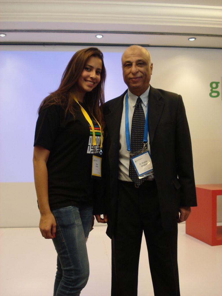 From Right to Left Engineer Khattab Omar Abuisbae and Ms. "Rana Kotam", Google's IT Specialist & "Strategic Planner of "Middle East and North Africa", Google Convention, Amman City, Jordan, Year 2012 Photo.